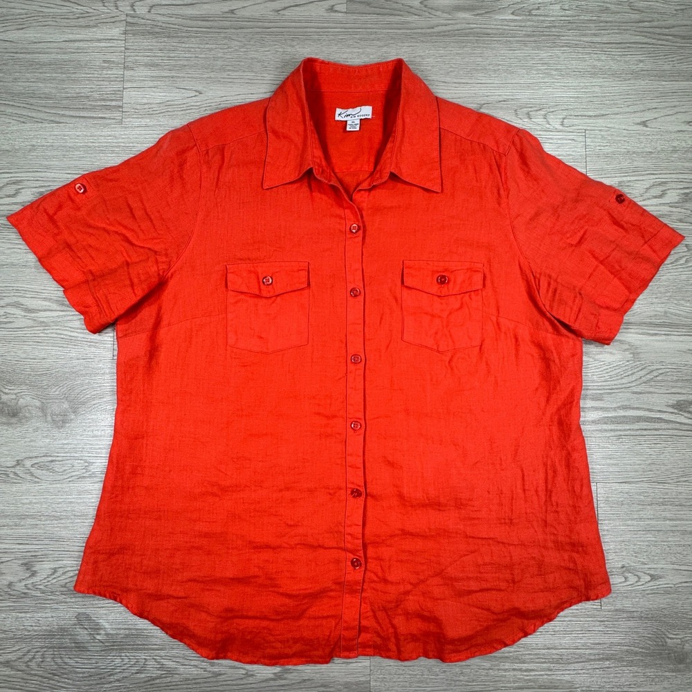 Kim Rogers Women's Shirt Linen Short Sleeve Button Up‎ Coral Orange XL Pockets